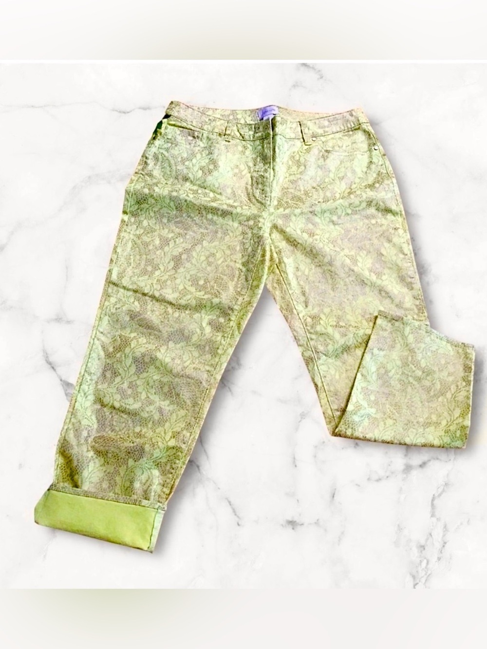 Chicos Shimmer Gold & Light Green Lace Women Cropped Pants size 1